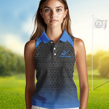 Load image into Gallery viewer, Women sleeveless polo shirt custom black and blue hexagon pattern golf outfits ladies, cool golf gift NQS10317