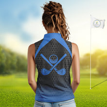 Load image into Gallery viewer, Women sleeveless polo shirt custom black and blue hexagon pattern golf outfits ladies, cool golf gift NQS10317