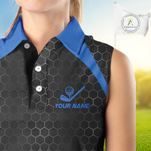 Load image into Gallery viewer, Women sleeveless polo shirt custom black and blue hexagon pattern golf outfits ladies, cool golf gift NQS10317