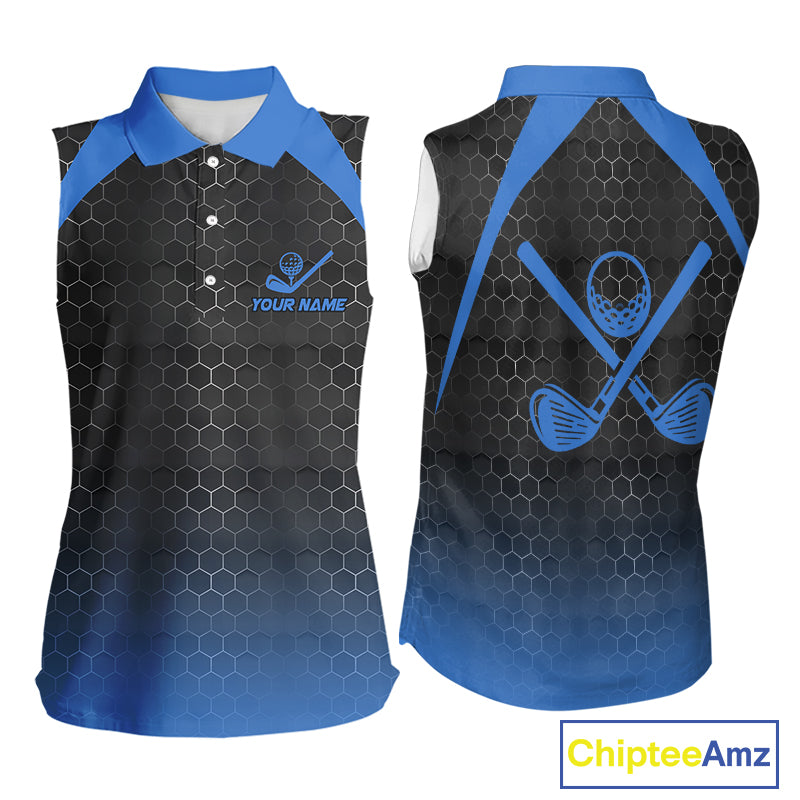 Women sleeveless polo shirt custom black and blue hexagon pattern golf outfits ladies, cool golf gift NQS10317