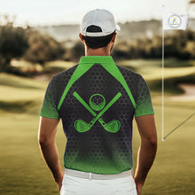 Load image into Gallery viewer, Mens golf polo shirts custom black and green hexagon pattern golf outfits men, cool golf gifts NQS10318