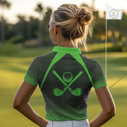 Women golf polo shirts custom black and green hexagon pattern golf outfits ladies, cool golf gifts NQS10318
