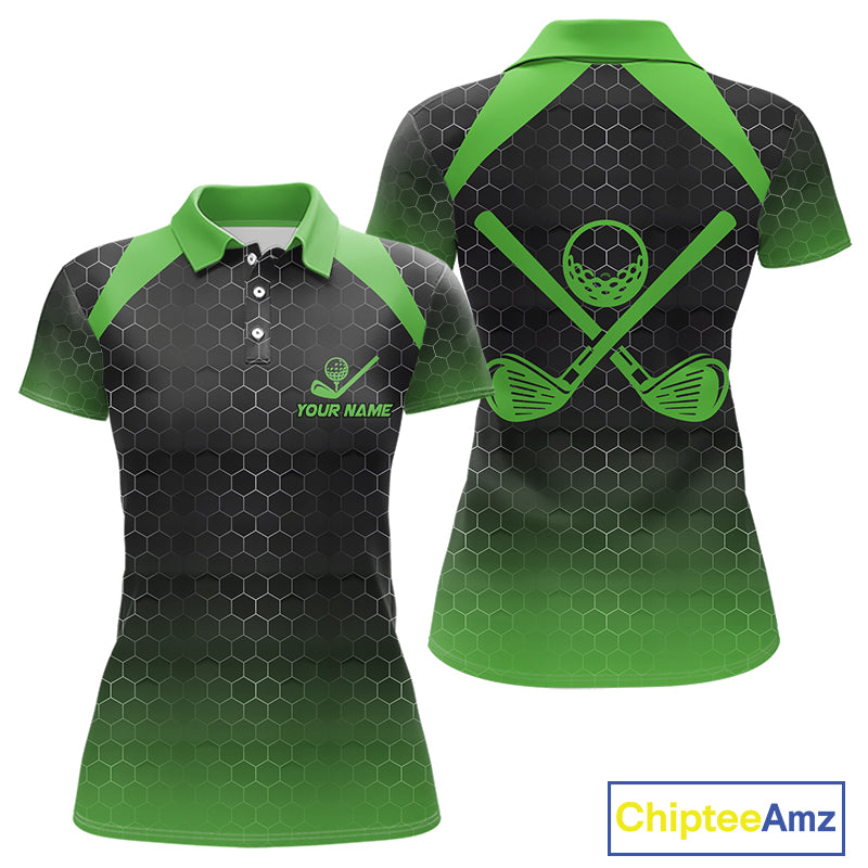 Women golf polo shirts custom black and green hexagon pattern golf outfits ladies, cool golf gifts NQS10318