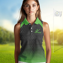 Load image into Gallery viewer, Women sleeveless polo shirt custom black and green hexagon pattern golf outfit ladies, cool golf gift NQS10318