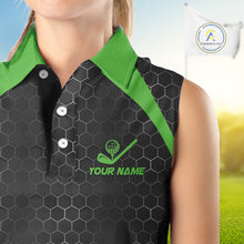 Load image into Gallery viewer, Women sleeveless polo shirt custom black and green hexagon pattern golf outfit ladies, cool golf gift NQS10318