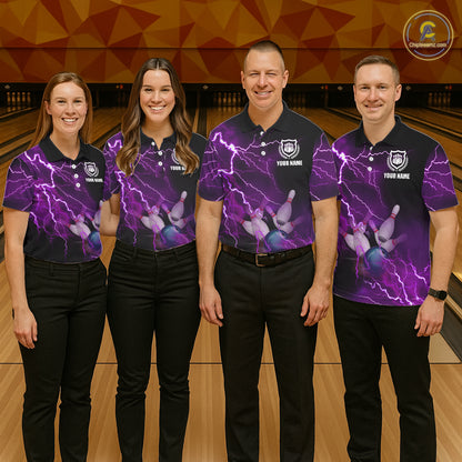 Women bowling polo shirts Custom purple lightning thunder Bowling Team Jersey, gift for team Bowlers NQS6220