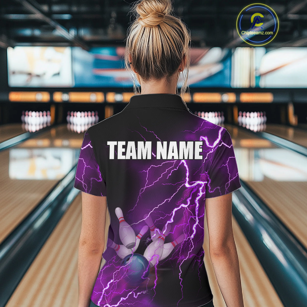 Women bowling polo shirts Custom purple lightning thunder Bowling Team Jersey, gift for team Bowlers NQS6220