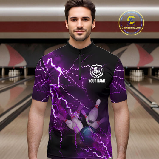 Men's bowling Quarter Zip shirts Custom purple lightning thunder Bowling Team Jersey, gift for Bowlers NQS6220