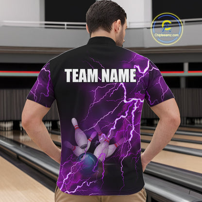 Men's bowling Quarter Zip shirts Custom purple lightning thunder Bowling Team Jersey, gift for Bowlers NQS6220