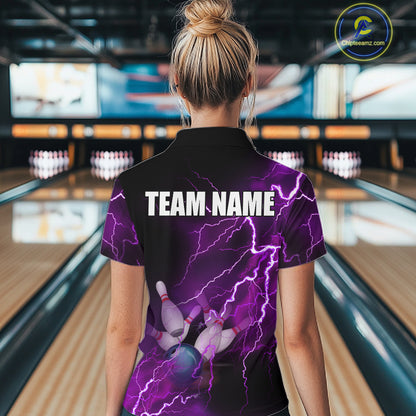 Womens bowling Quarter Zip shirt Custom purple lightning thunder Bowling Team Jersey, gift for Bowlers NQS6220
