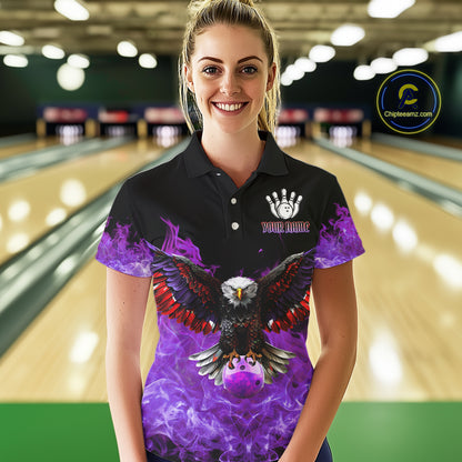 Purple Flame Smoke American Flag Eagle Skull Women Bowling Shirt Custom Patriotic Bowling Team Jersey NQS10525