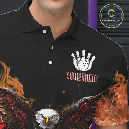Orange Flame Smoke American Flag Eagle Skull Mens Bowling Shirts Custom Patriotic Bowling Team Jersey NQS10526