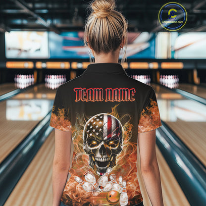 Orange Flame Smoke American Flag Eagle Skull Women Bowling Shirt Custom Patriotic Bowling Team Jersey NQS10526