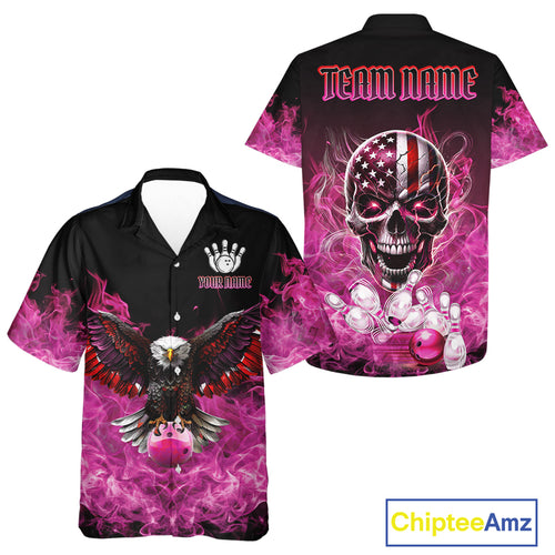 Pink Flame Smoke American Flag Eagle Skull Bowling Hawaiian shirt Custom Patriot Team Bowler Shirt NQS10527