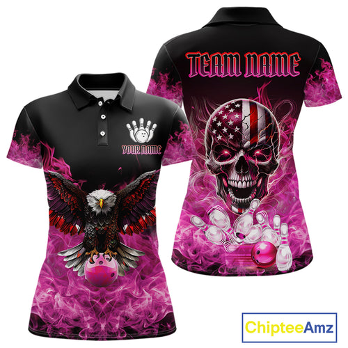 Pink Flame Smoke American Flag Eagle Skull Women Bowling Shirt Custom Patriotic Bowling Team Jersey NQS10527