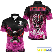 Load image into Gallery viewer, Pink Flame Smoke American Flag Eagle Skull Mens Bowling Shirts Custom Patriotic Bowling Team Jersey NQS10527