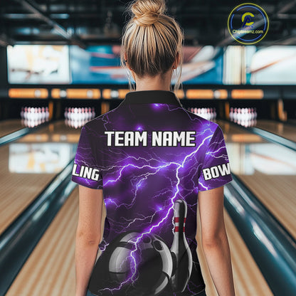Purple Lightning Thunder Black Bowling Polo, 1/4 zip Shirt for Women custom storm bowling team jersey NQS10528
