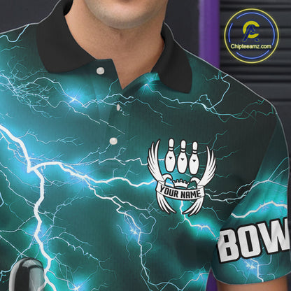 Cyan Blue Lightning Thunder Black Bowling Polo, 1/4 zip Shirt for Men custom bowling team jerseys NQS10529