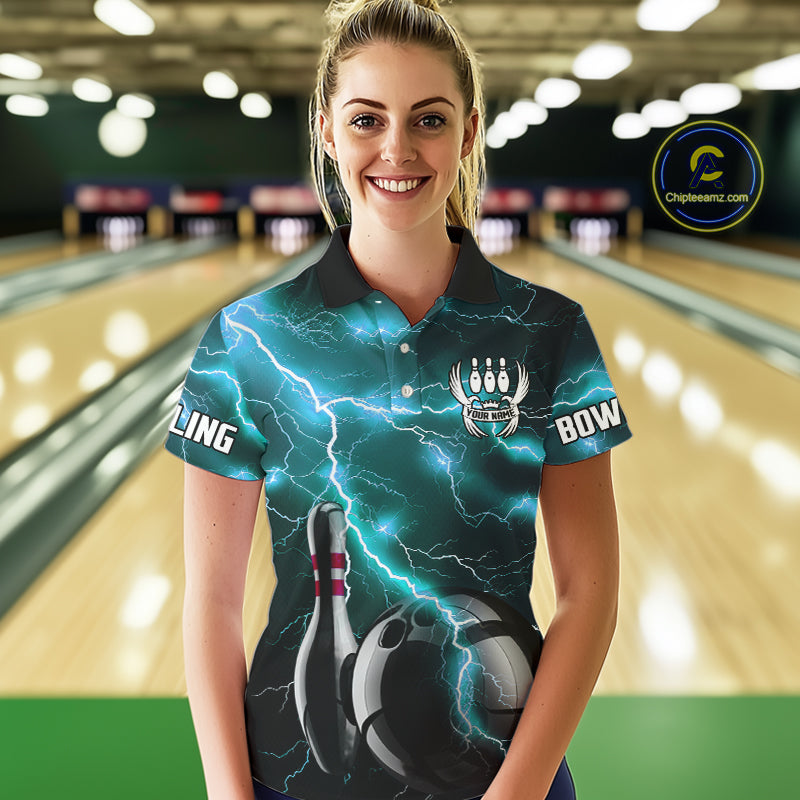 Cyan Blue Lightning Thunder Black Bowling Polo, 1/4 zip Shirt for Women custom bowling team jersey NQS10529