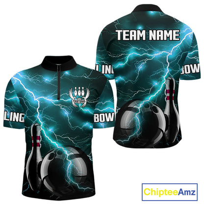 Cyan Blue Lightning Thunder Black Bowling Polo, 1/4 zip Shirt for Men custom bowling team jerseys NQS10529