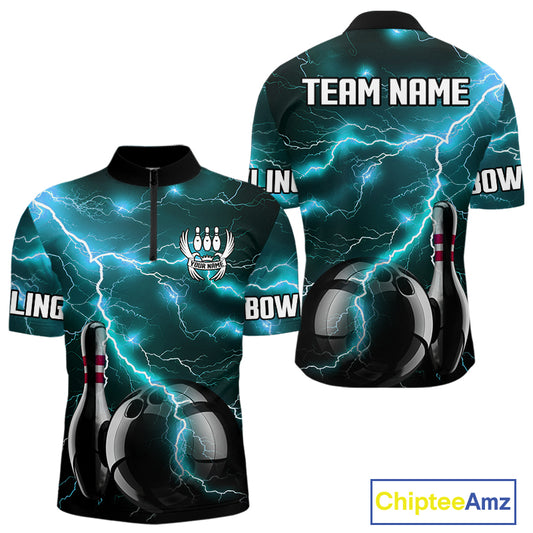 Cyan Blue Lightning Thunder Black Bowling Polo, 1/4 zip Shirt for Men custom bowling team jerseys NQS10529