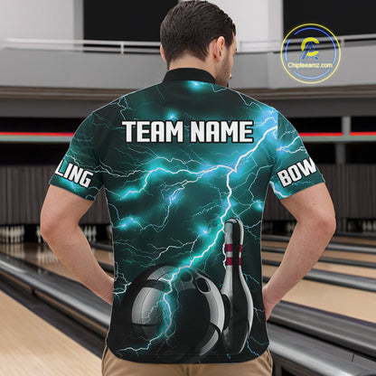 Cyan Blue Lightning Thunder Black Bowling Polo, 1/4 zip Shirt for Men custom bowling team jerseys NQS10529