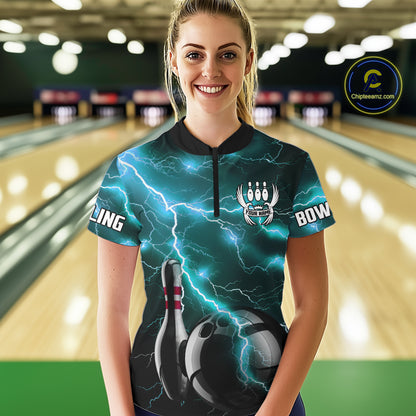 Cyan Blue Lightning Thunder Black Bowling Polo, 1/4 zip Shirt for Women custom bowling team jersey NQS10529