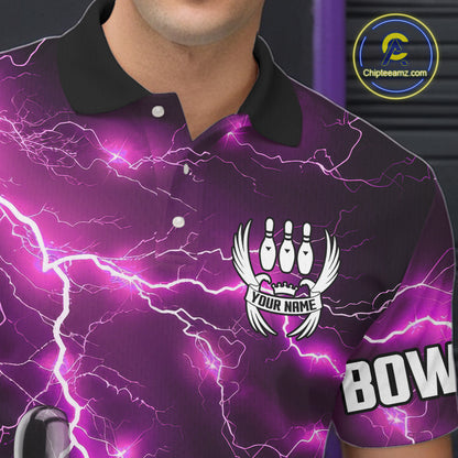 Pink Lightning Thunder Black Bowling Polo, Quarter zip Shirt for Men custom bowling team jerseys NQS10530