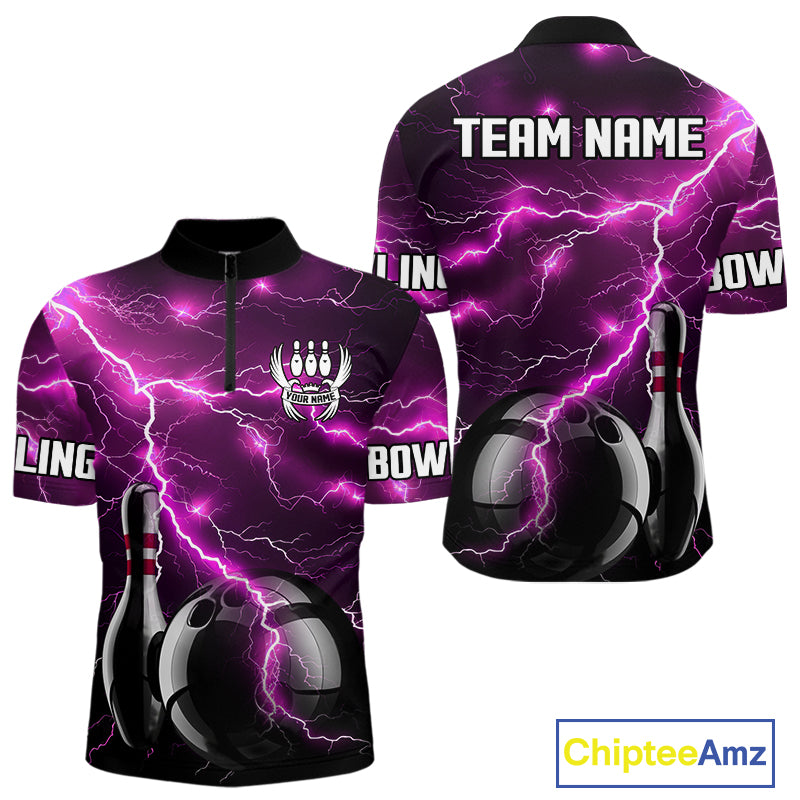 Pink Lightning Thunder Black Bowling Polo, Quarter zip Shirt for Men custom bowling team jerseys NQS10530