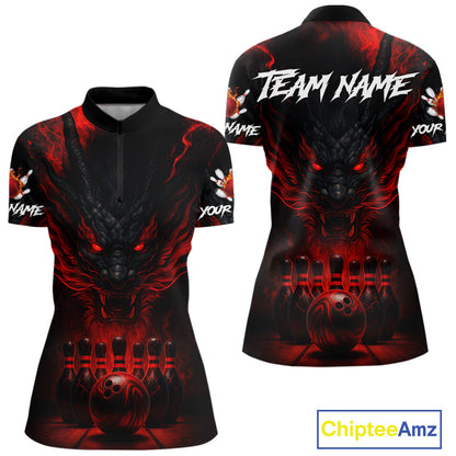 Black And Red Dragon Bowling Shirts For Women Custom Dragon Bowling League Shirts Outfits NQS10948