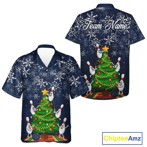 Funny Christmas Tree snowflake Hawaiian bowling jersey Custom Hawaiian shirts Xmas outfits | Navy NQS10951