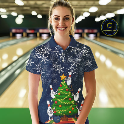 Funny Christmas Tree snowflake Bowling shirts for Women Custom Xmas Bowling outfits for women | Navy NQS10951