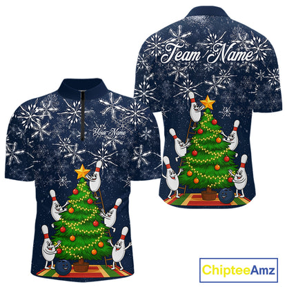 Funny Christmas Tree snowflake Bowling shirts for men Custom Xmas Bowling Outfits Men | Navy NQS10951