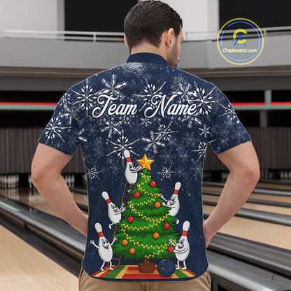 Funny Christmas Tree snowflake Bowling shirts for men Custom Xmas Bowling Outfits Men | Navy NQS10951