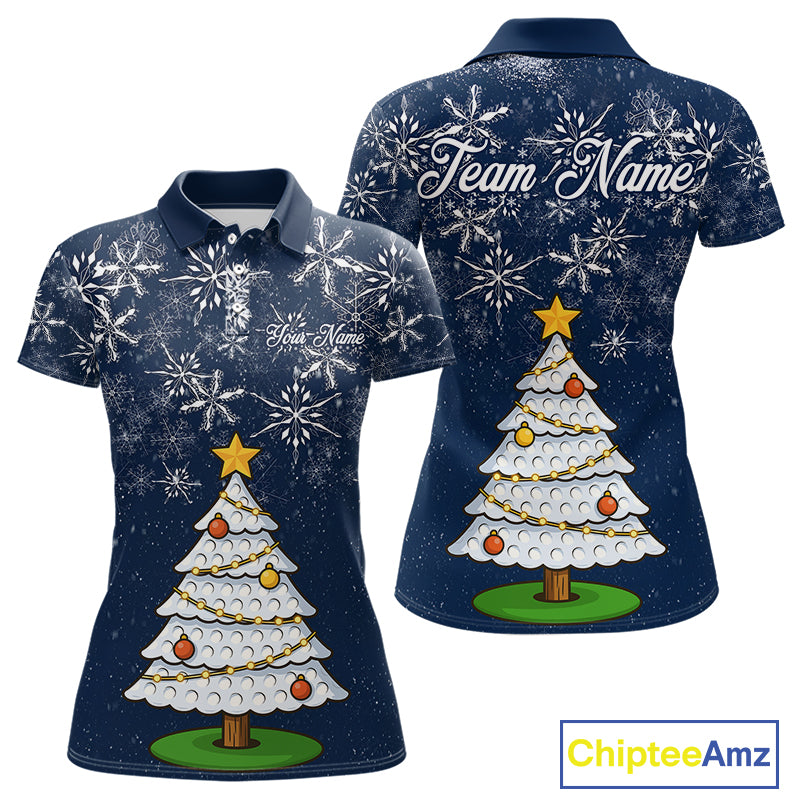 Funny Christmas Tree snowflake Women Golf Polo shirts Custom ladies Christmas golf shirts | Blue Navy NQS10952