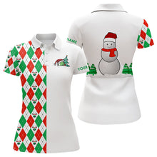 Load image into Gallery viewer, Christmas Womens golf polo Shirts custom red, white, green argyle pattern snowman golf ball Xmas gifts NQS9040