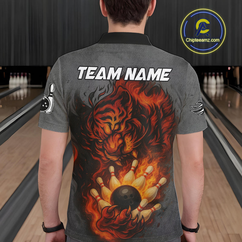 Personalized Tiger Bowling Shirts For Men Custom Gray grunge Flame Tiger Bowling Team Jerseys NQS11137