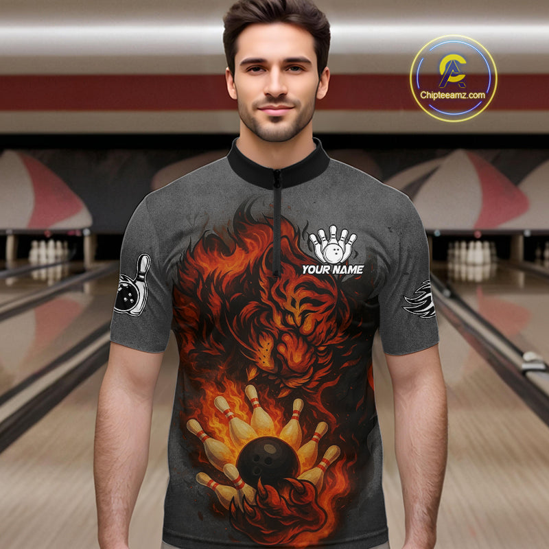 Personalized Tiger Bowling Shirts For Men Custom Gray grunge Flame Tiger Bowling Team Jerseys NQS11137