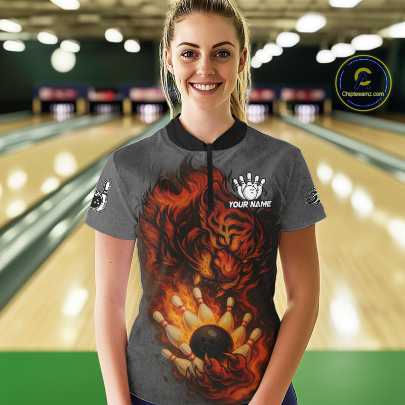 Personalized Tiger Bowling Shirts For Women Custom Gray grunge Flame Tiger Bowling Team Jerseys NQS11137