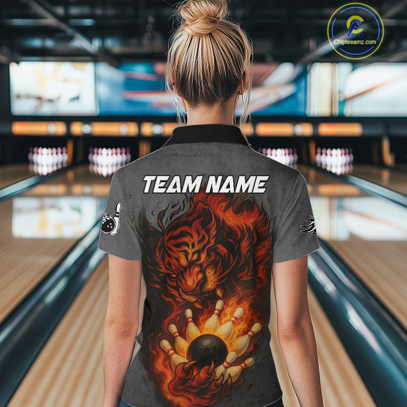 Personalized Tiger Bowling Shirts For Women Custom Gray grunge Flame Tiger Bowling Team Jerseys NQS11137