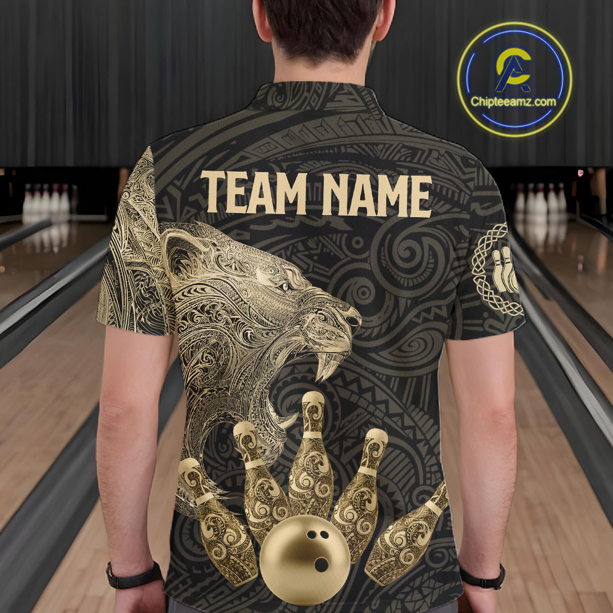 Black and Gold Lion Tribal Bowling Polo, 1/4 Zip Shirts For Men Custom Retro Bowling Team Jerseys NQS11149