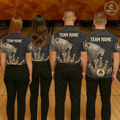 Black and Gold Lion Tribal Bowling Polo, 1/4 Zip Shirts For Women Custom Retro Bowling Team Jerseys NQS11149
