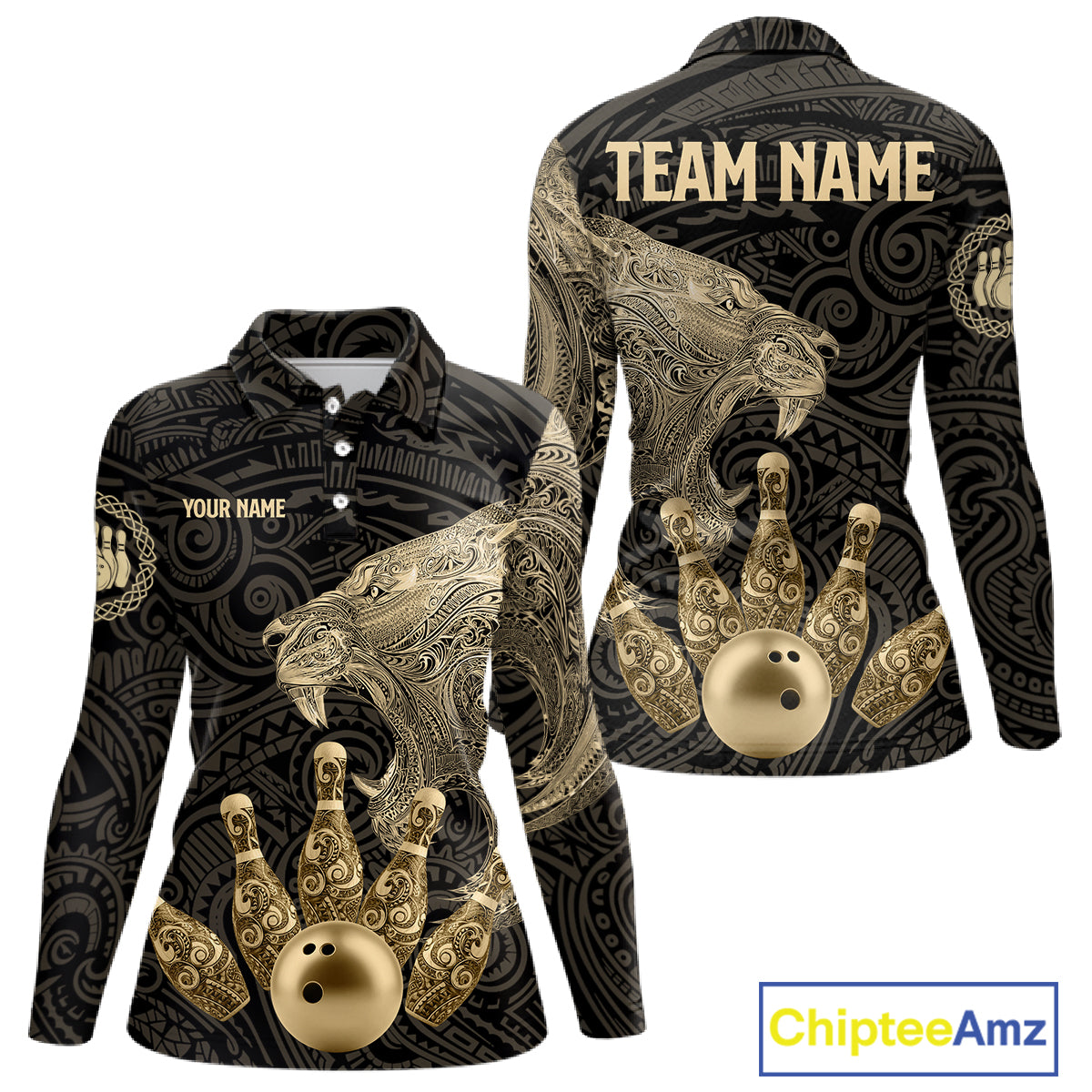 Black and Gold Lion Tribal Bowling Polo, 1/4 Zip Shirts For Women Custom Retro Bowling Team Jerseys NQS11149