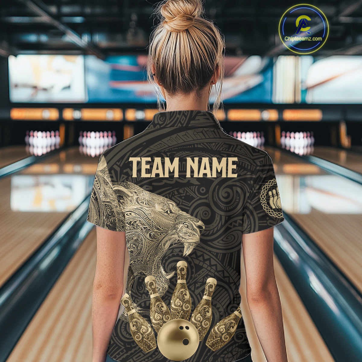 Black and Gold Lion Tribal Bowling Polo, 1/4 Zip Shirts For Women Custom Retro Bowling Team Jerseys NQS11149