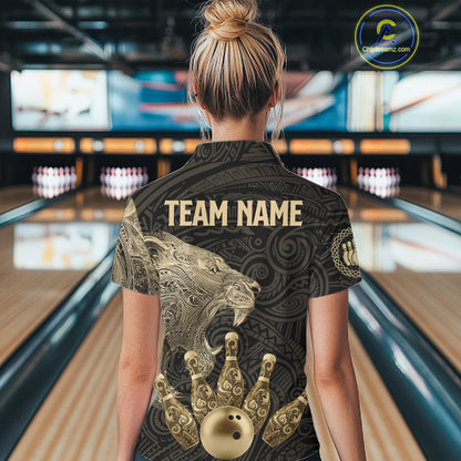 Black and Gold Lion Tribal Bowling Polo, 1/4 Zip Shirts For Women Custom Retro Bowling Team Jerseys NQS11149