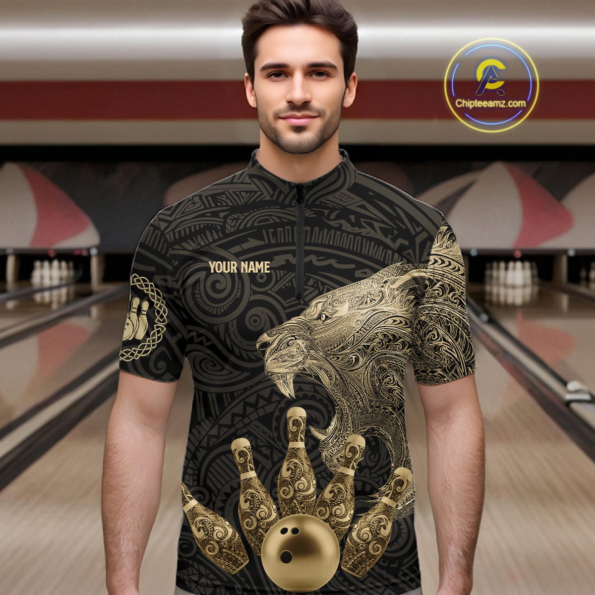 Black and Gold Lion Tribal Bowling Polo, 1/4 Zip Shirts For Men Custom Retro Bowling Team Jerseys NQS11149