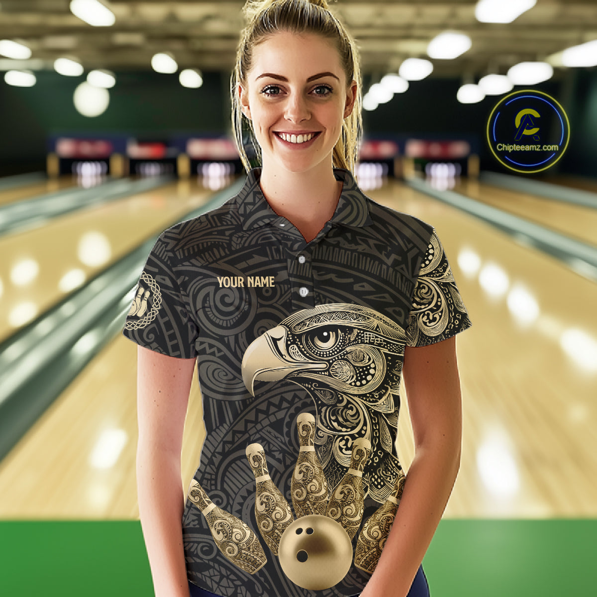 Black and Gold Eagle Tribal Bowling Polo, 1/4 Zip Shirts For Women Custom Retro Bowling Team Jerseys NQS11150