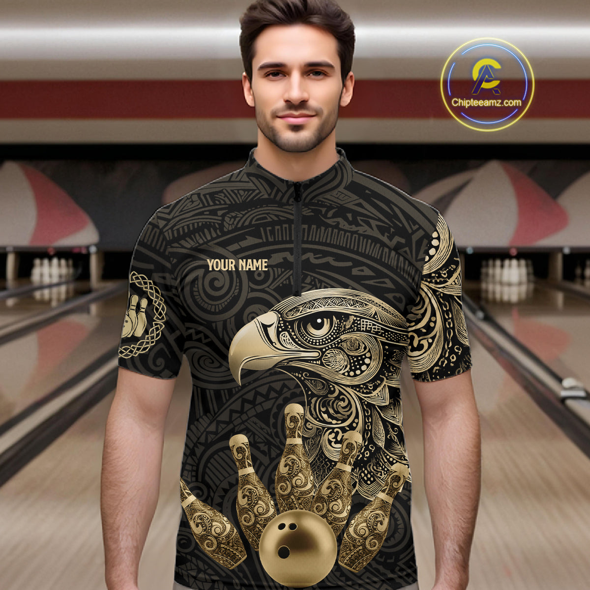 Black and Gold Eagle Tribal Bowling Polo, 1/4 Zip Shirts For Men Custom Retro Bowling Team Jerseys NQS11150