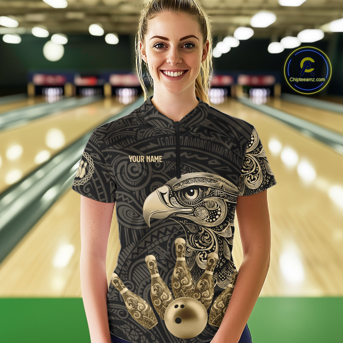 Black and Gold Eagle Tribal Bowling Polo, 1/4 Zip Shirts For Women Custom Retro Bowling Team Jerseys NQS11150