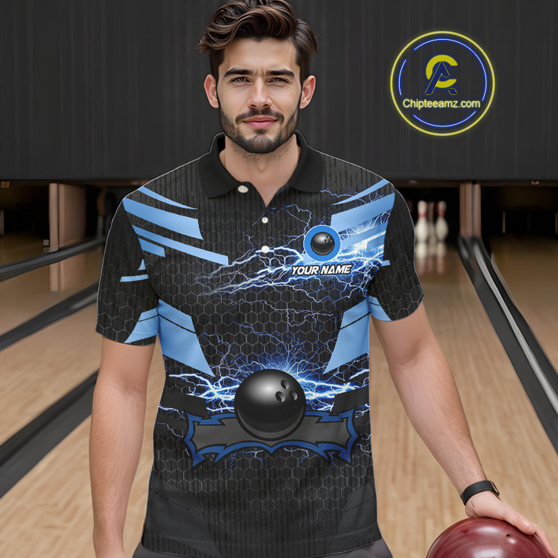Black and Blue Lightning Thunder Bowling Shirts For Men Custom Bowling Team Jerseys, Gift For Bowlers NQS11140